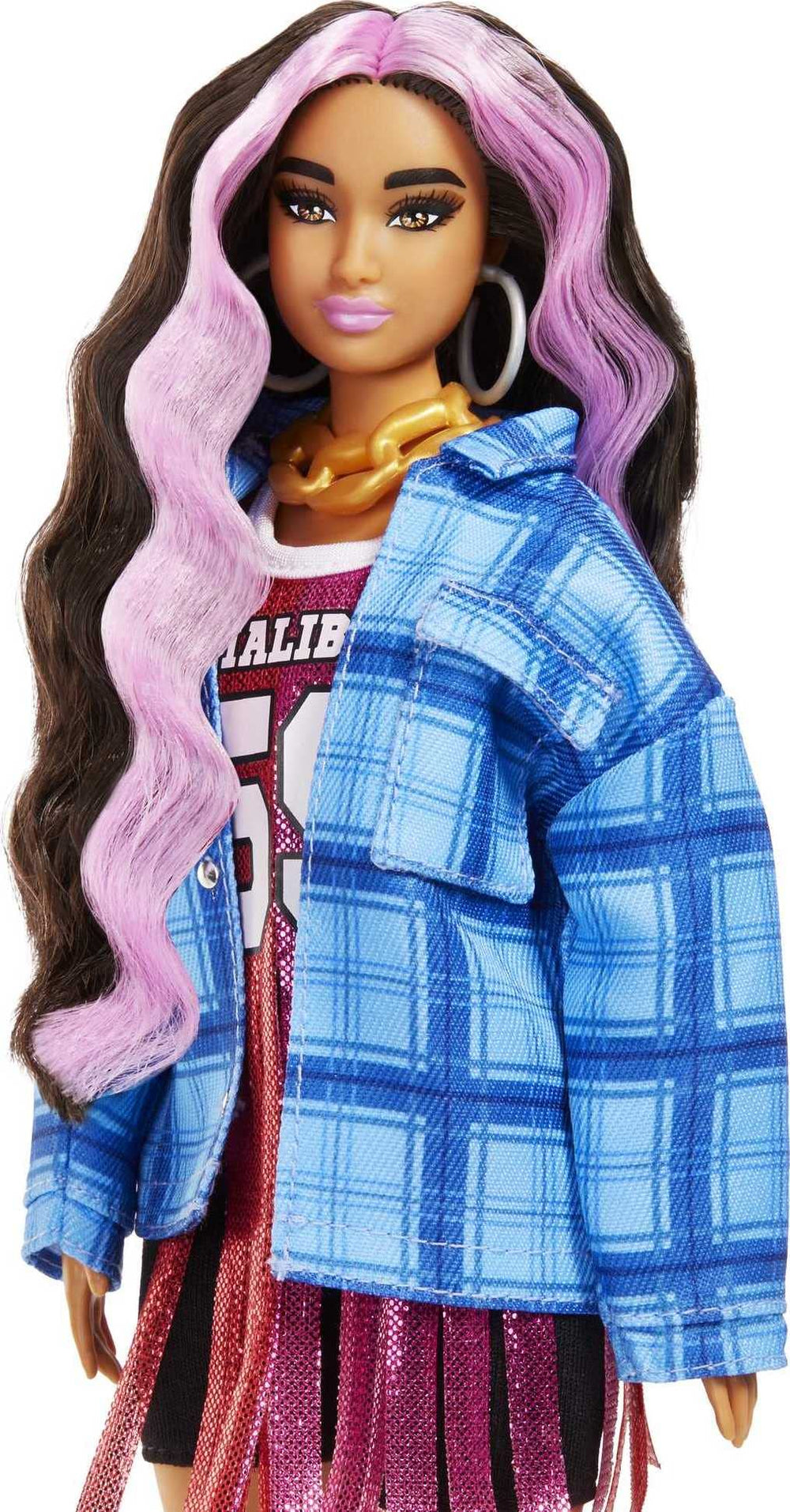 Barbie Extra doll in a shimmering jersey dress with fringe for glam looks