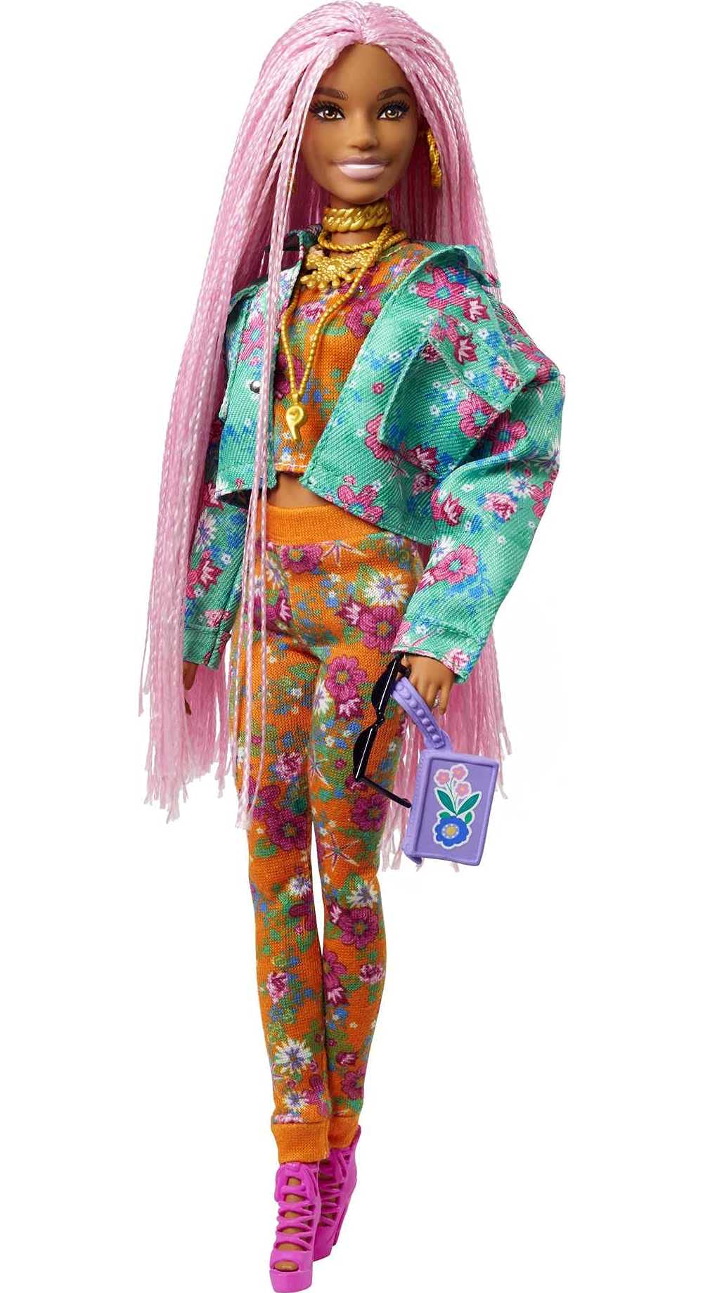 Barbie Extra doll in orange floral jogger set and teal jacket for mix-and-match outfits.