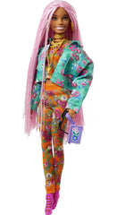Barbie Extra doll in orange floral jogger set and teal jacket for mix-and-match outfits.