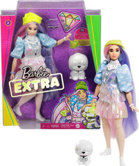 Barbie Extra doll with shimmery pink and purple hair for imaginative styling.