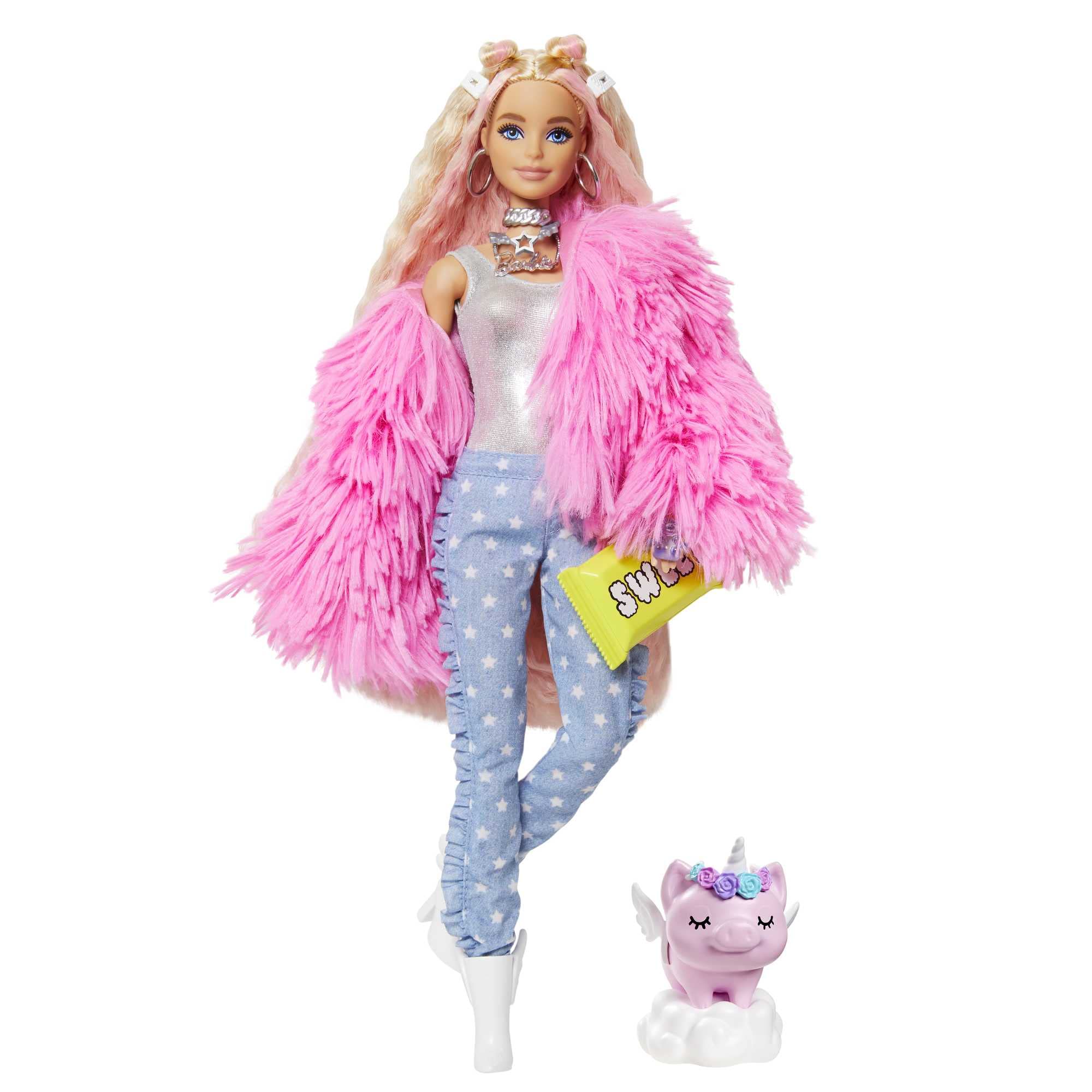 Barbie Extra doll outfit with sparkly top and star-print pants for chic looks