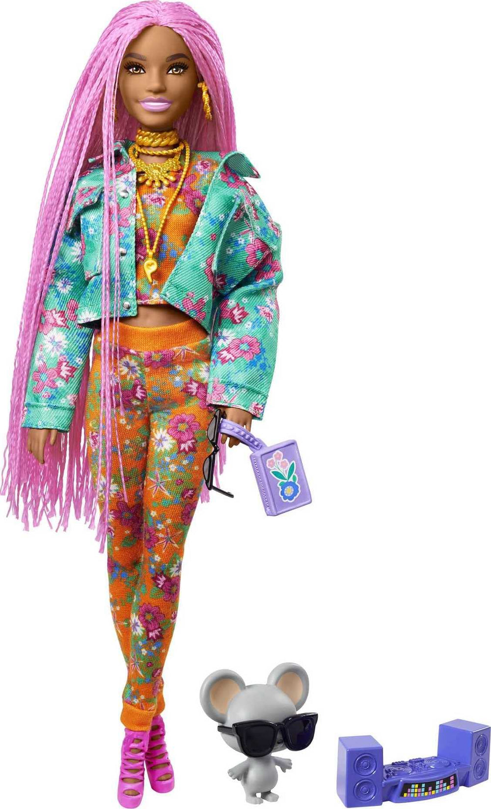 Barbie Extra doll wearing teal floral jacket for expressive styling play.