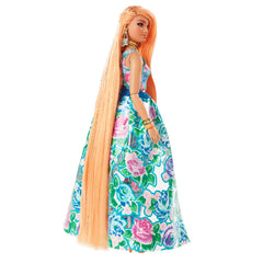 Barbie Extra Fancy doll in floral gown with leggings, showcasing versatile red-carpet style
