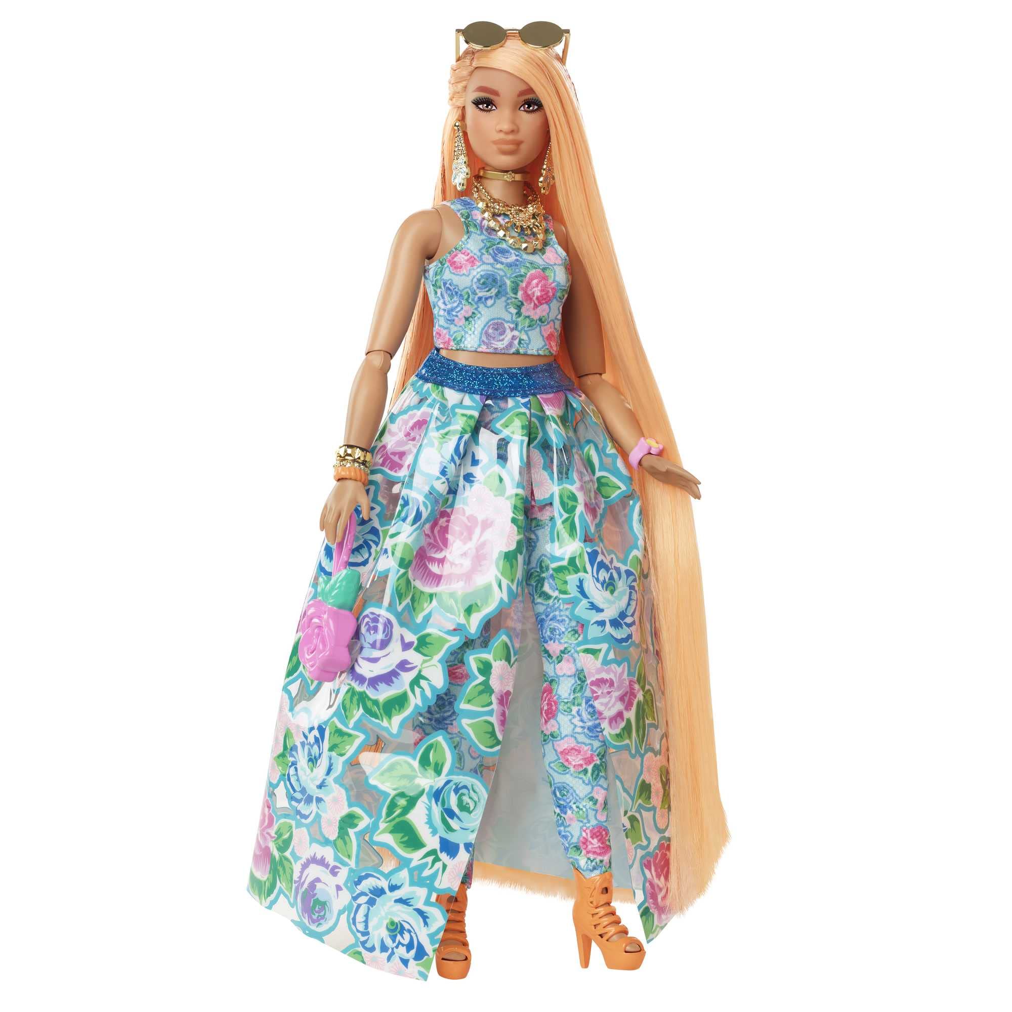 Barbie Extra Fancy doll front view highlighting orange hair and floral print for imaginative play
