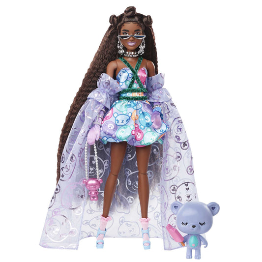 Barbie Extra Fancy doll teddy-gown closeup showing glam texture and foil accents