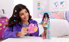 Barbie Extra Fly doll with denim skirt and tropical vibes for versatile travel play.