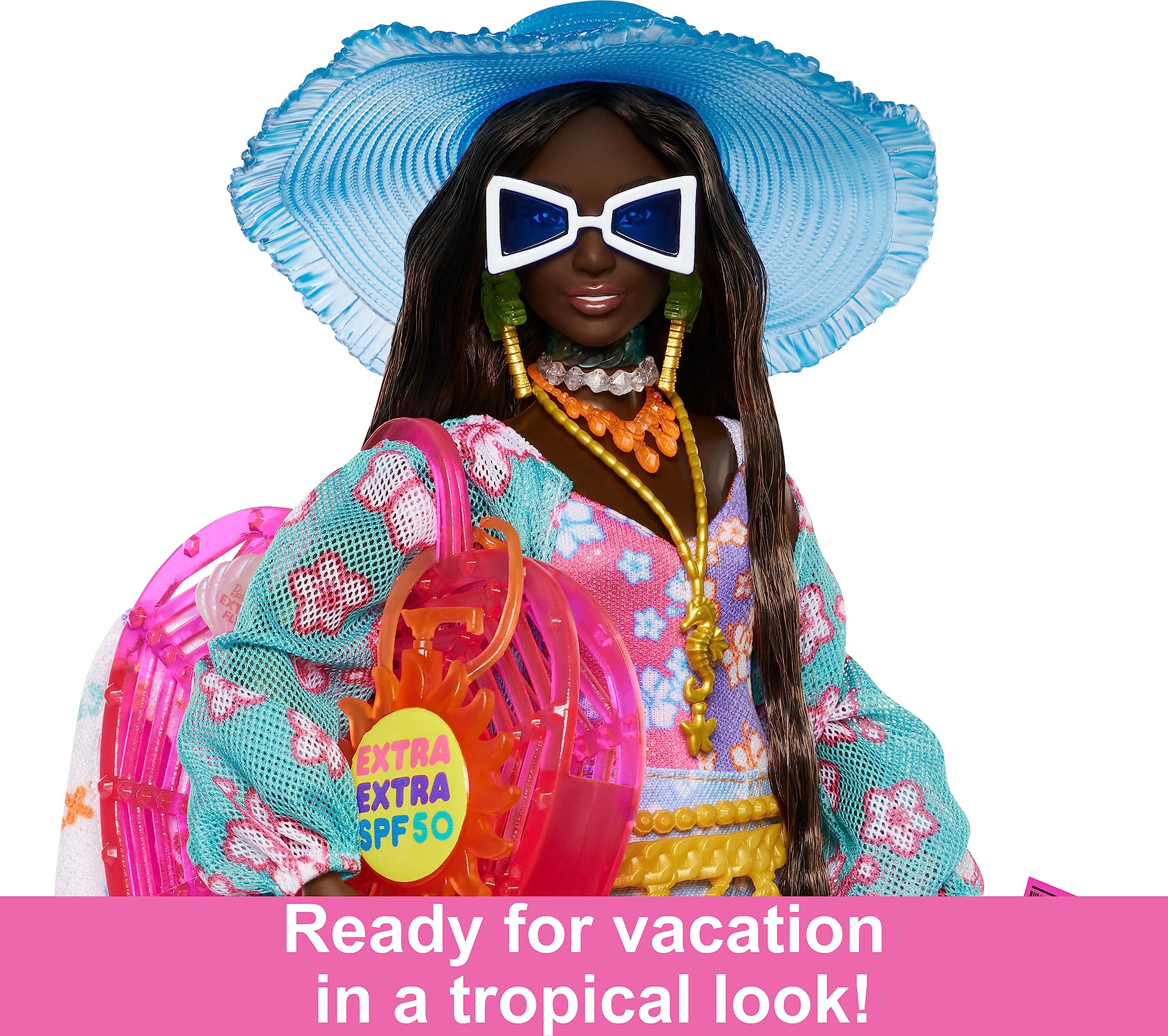 Barbie Extra Fly doll featuring palm tree earrings for tropical flair and expressive styling moments.