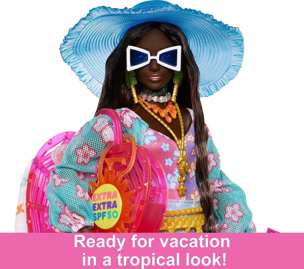 Barbie Extra Fly doll featuring palm tree earrings for tropical flair and expressive styling moments.