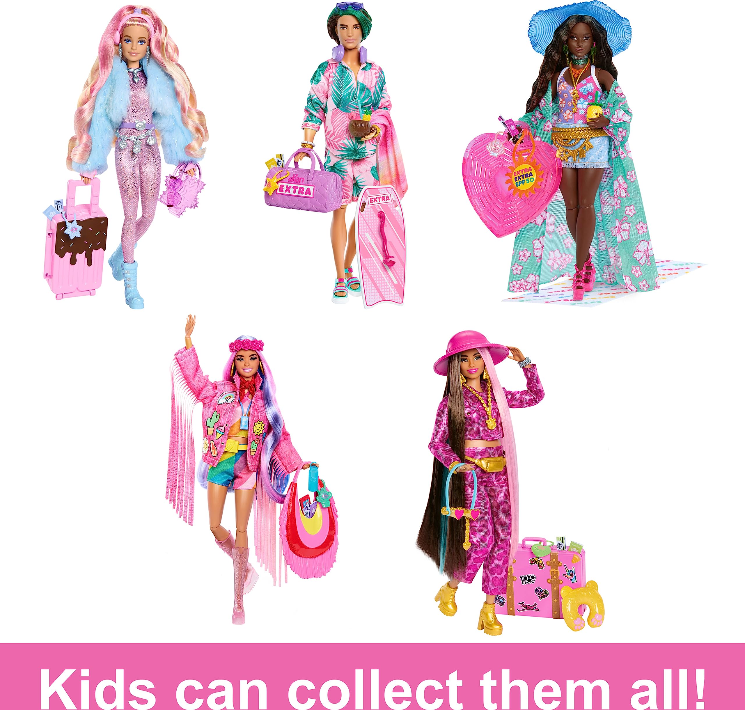 Barbie Extra Fly doll with pink platform sandals for complete beach-ready looks and role-play fun.