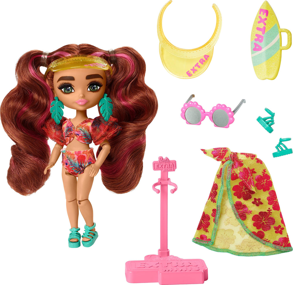 Barbie Extra Fly Minis beach look with pink-streaked pigtails for sunny travel-ready play