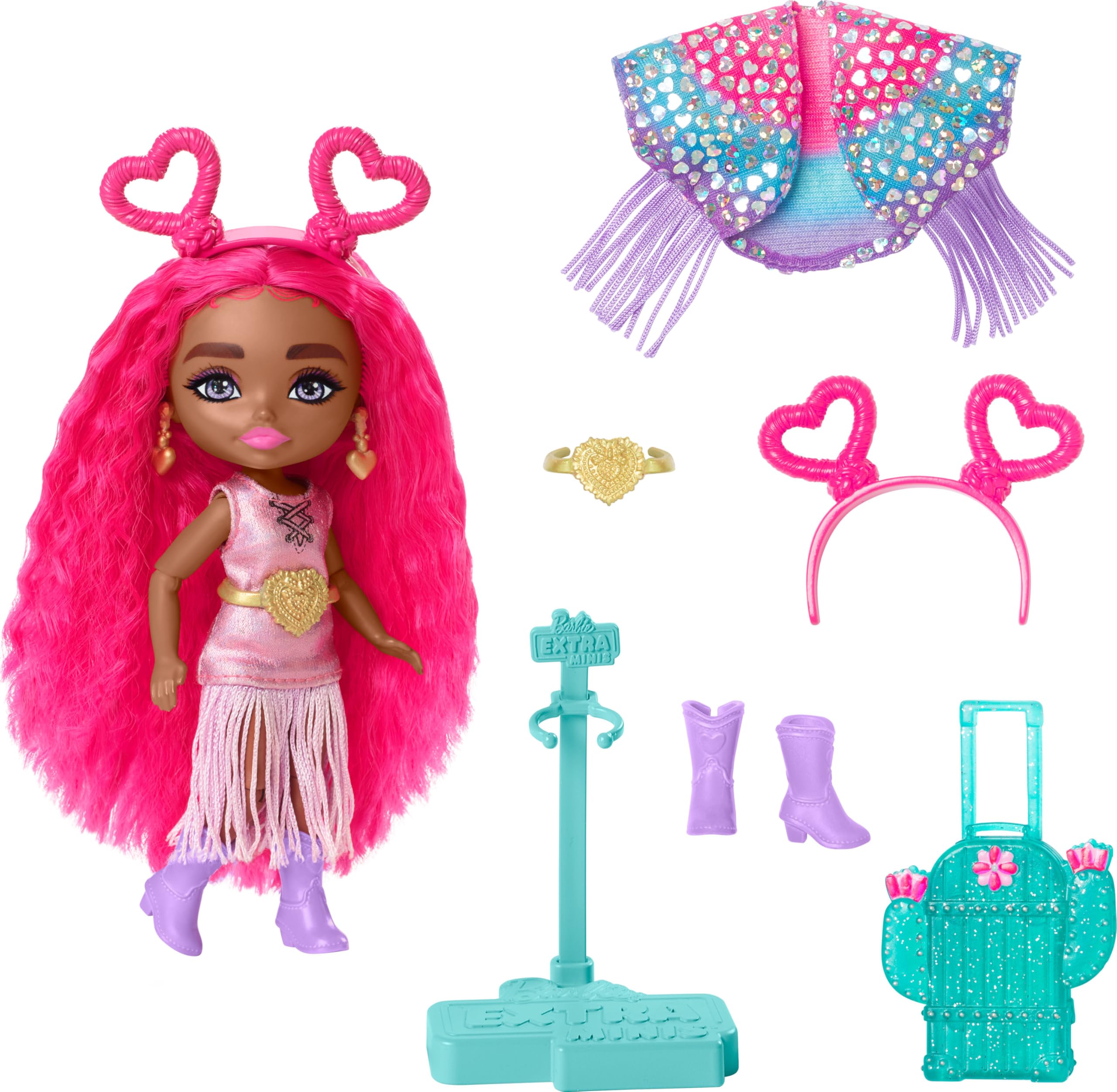 Barbie Extra Fly Minis desert look with magenta hair for imaginative travel fashion play.