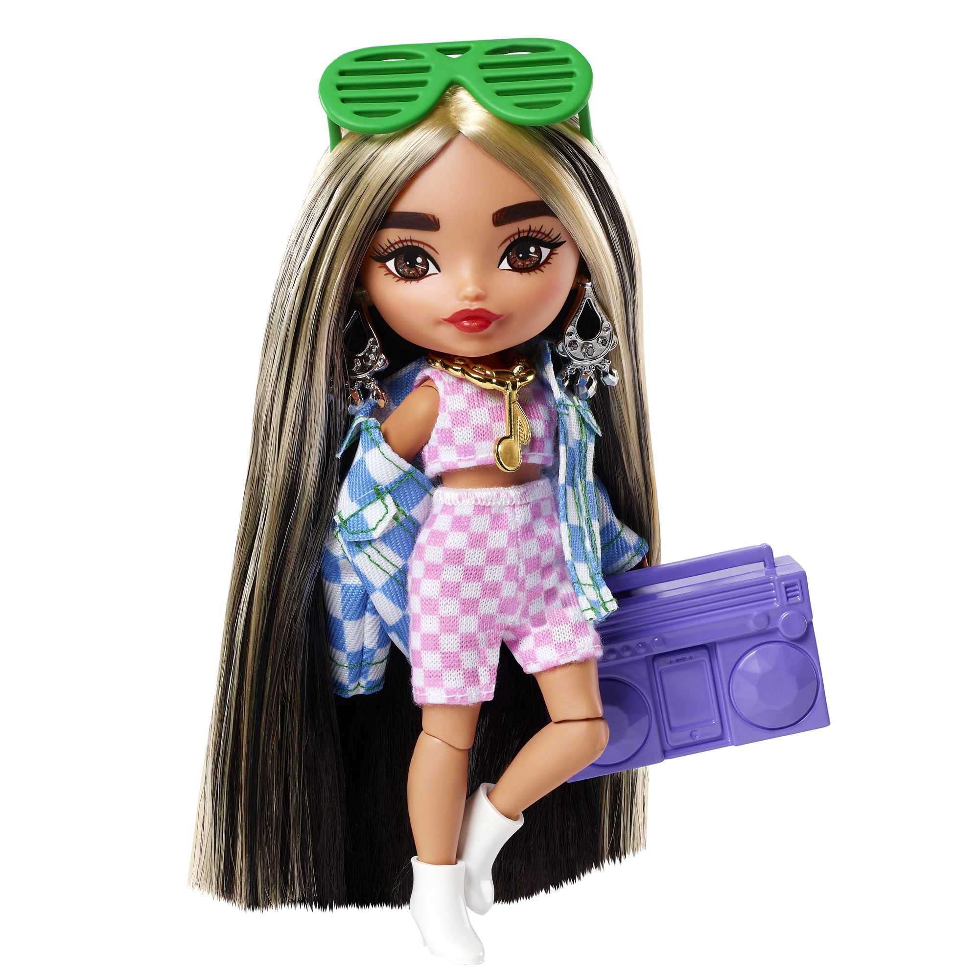 Barbie Extra Minis doll #2 in checkered outfit, ideal for imaginative fashion play.