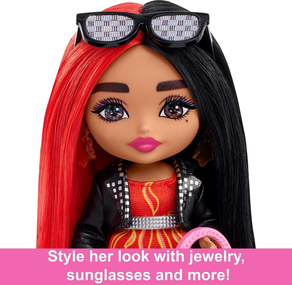 Barbie Extra Minis doll in glossy combat boots for chic streetwear vibes.
