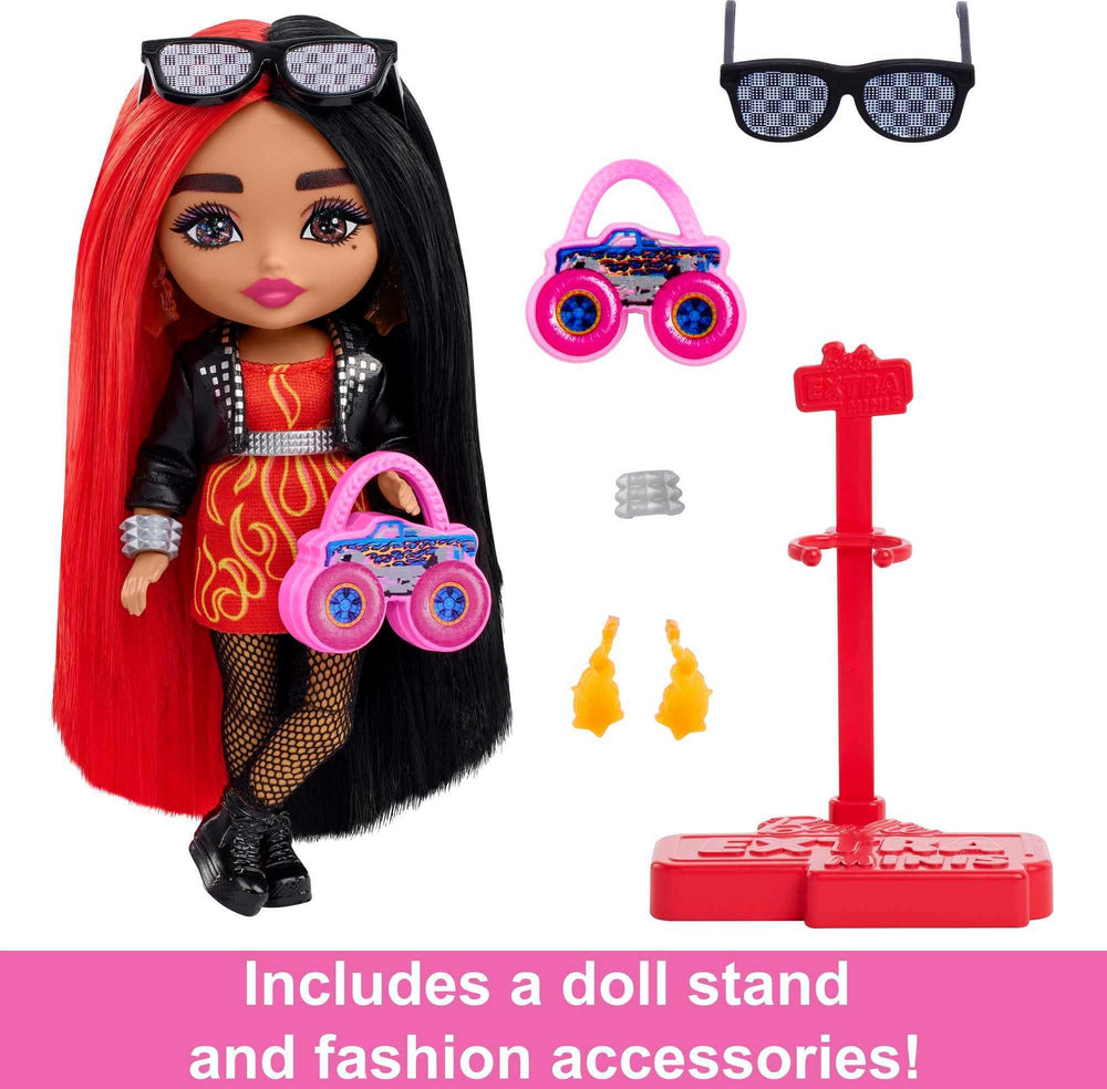 Barbie Extra Minis doll with two-tone red and black hair for dramatic looks.