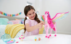 Barbie Fairytale pink Pegasus with glittery rainbow wings for magical flight-inspired play.