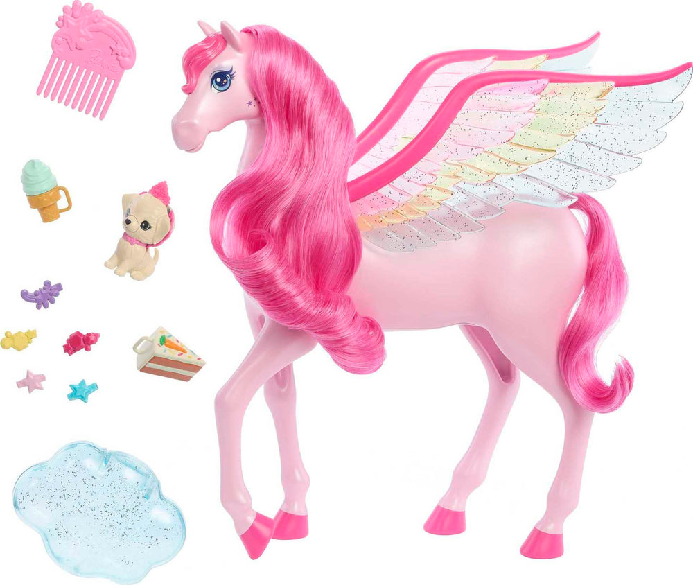 Barbie Pegasus lights up with rainbow LEDs and sounds, inviting interactive storytelling.