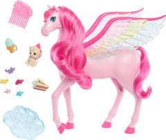 Barbie Pegasus lights up with rainbow LEDs and sounds, inviting interactive storytelling.