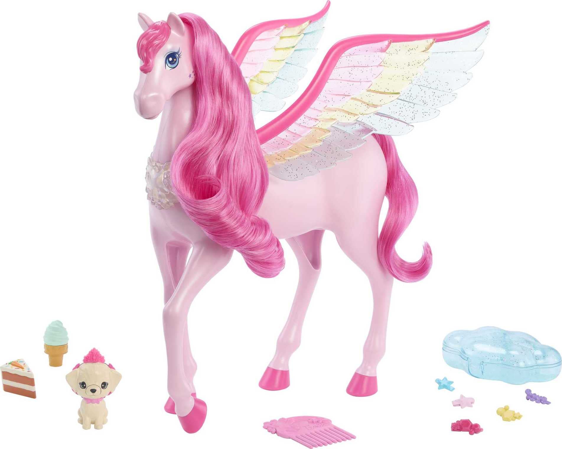 Barbie Fairytale pink Pegasus with puppy, front view, sparks imaginative playtime stories.