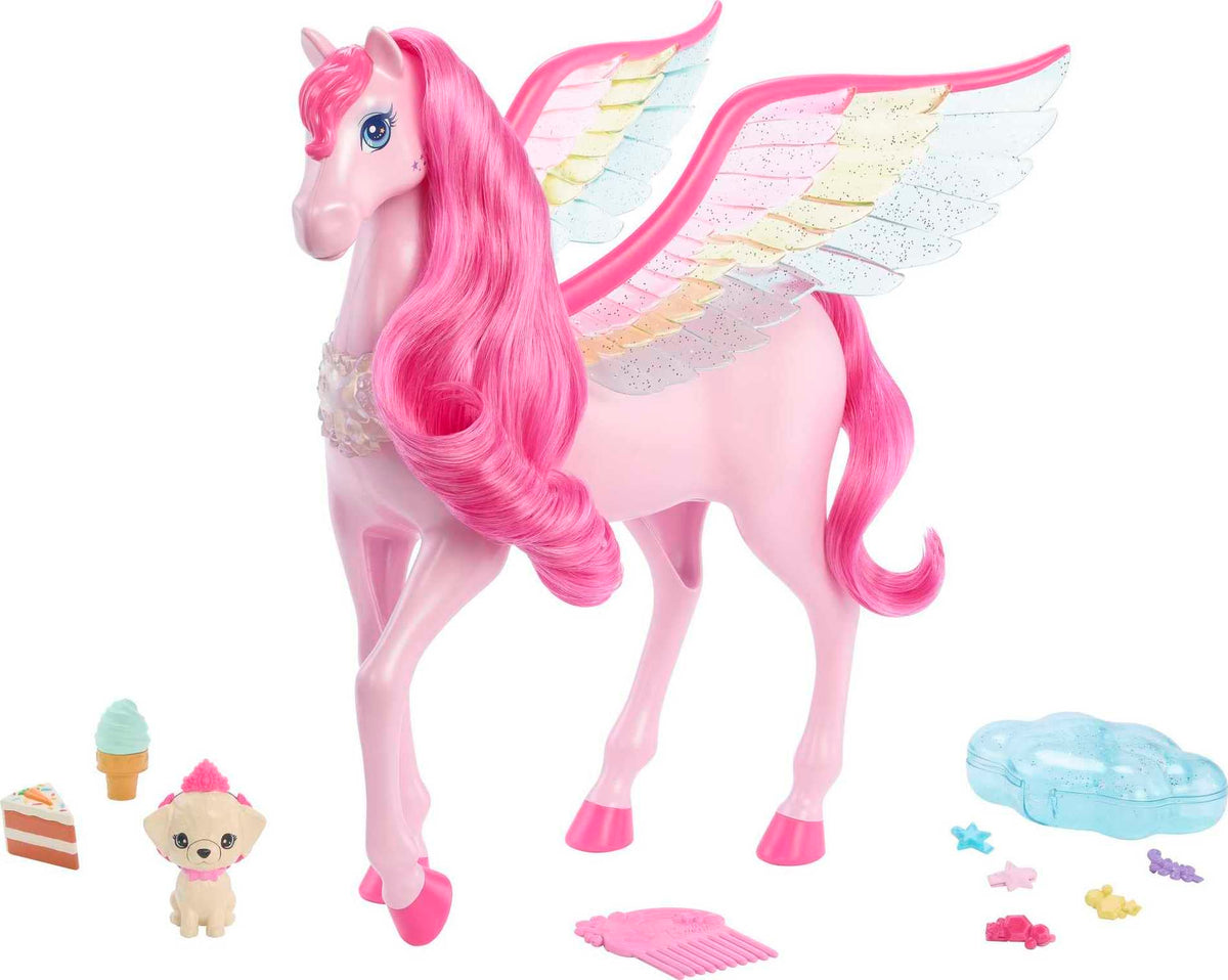 Barbie Fairytale pink Pegasus with puppy, front view, sparks imaginative playtime stories.