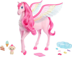 Barbie Fairytale pink Pegasus with puppy, front view, sparks imaginative playtime stories.