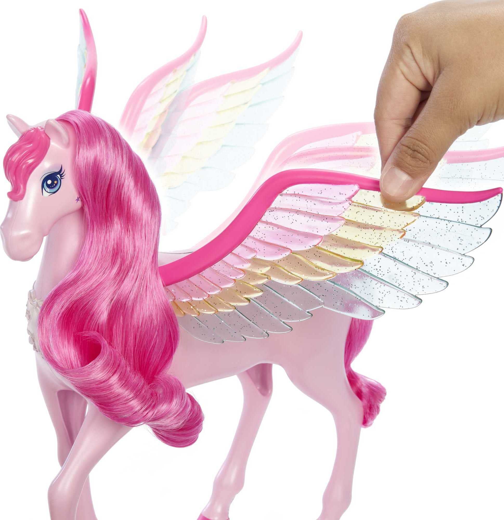 Barbie pink Pegasus comes with puppy friend and wing surprise accessories.
