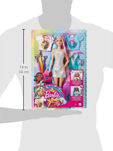 Barbie Fantasy Hair blue mermaid top with crown inspires ocean-themed pretend play.