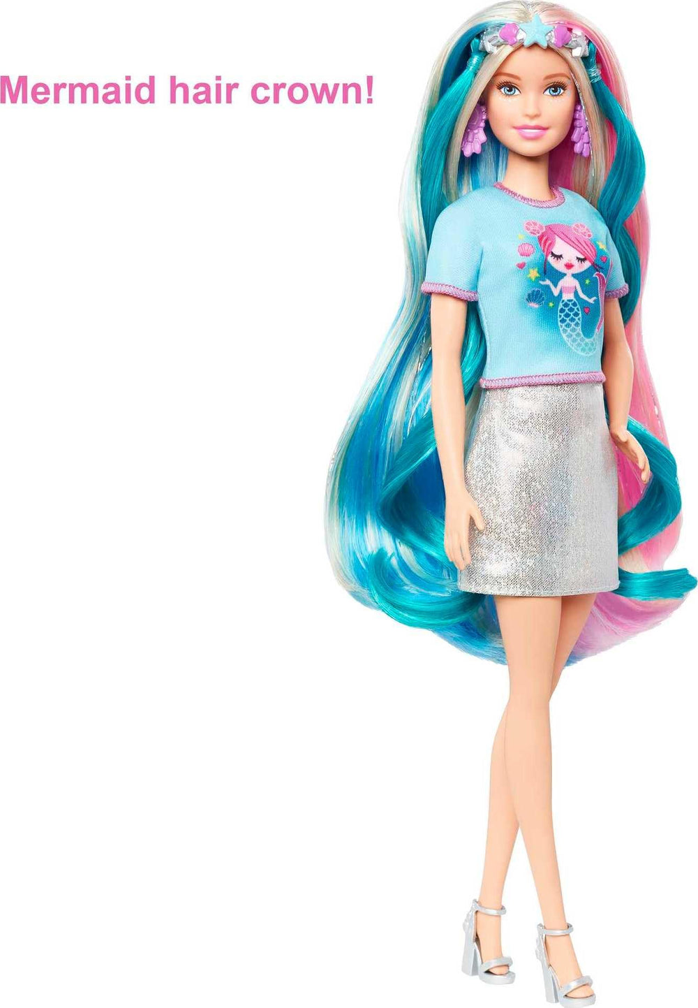 Barbie Fantasy Hair rainbow unicorn top and crown for vibrant dress-up storytelling.