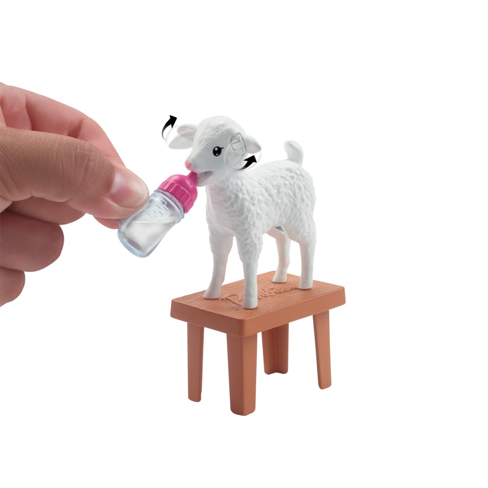 Barbie farm vet doll with lamb featuring moving ears for interactive nurturing play.