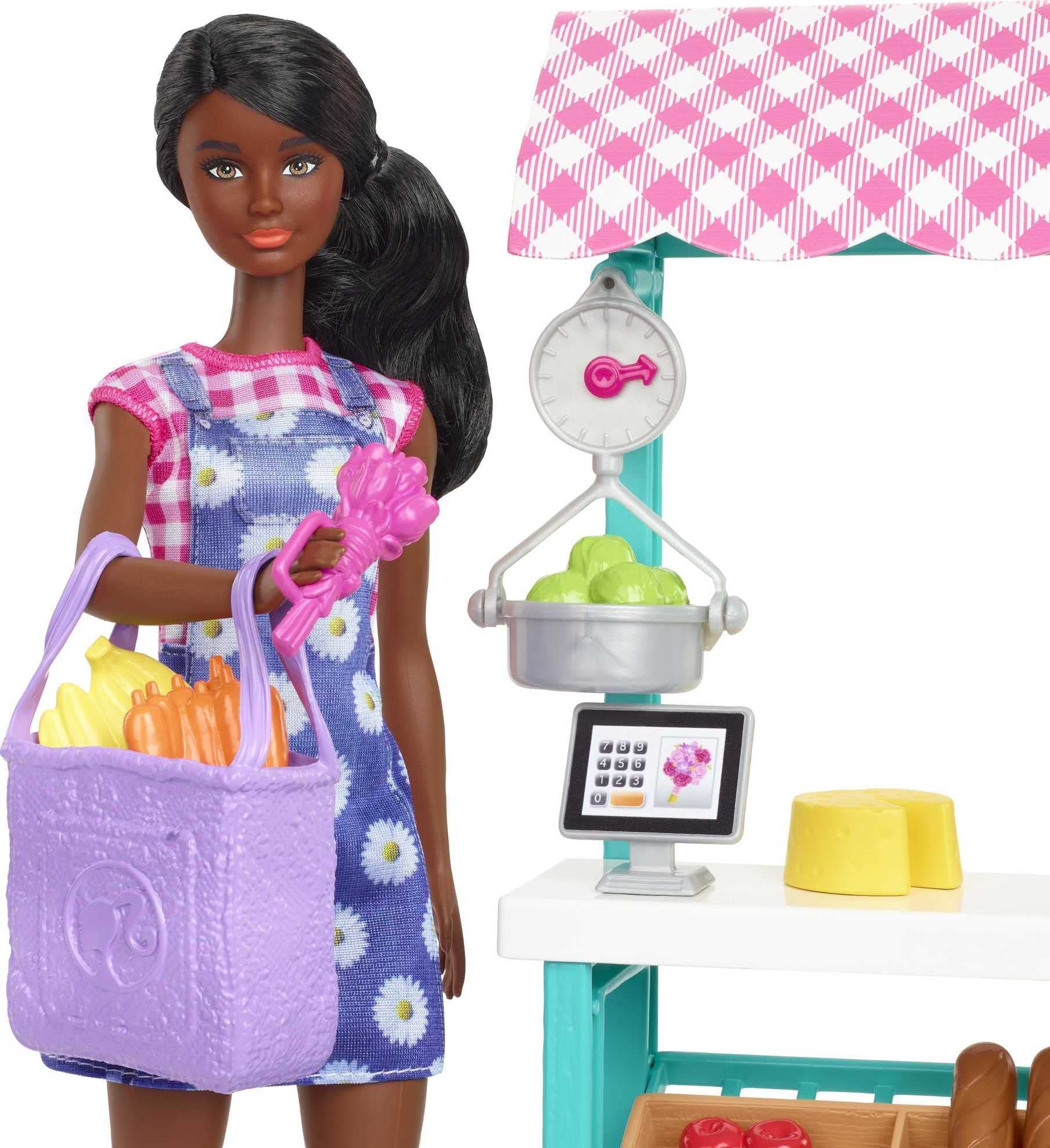 Barbie Farmers Market Doll Brunette — dressed in gingham dress for roleplay and storytelling.
