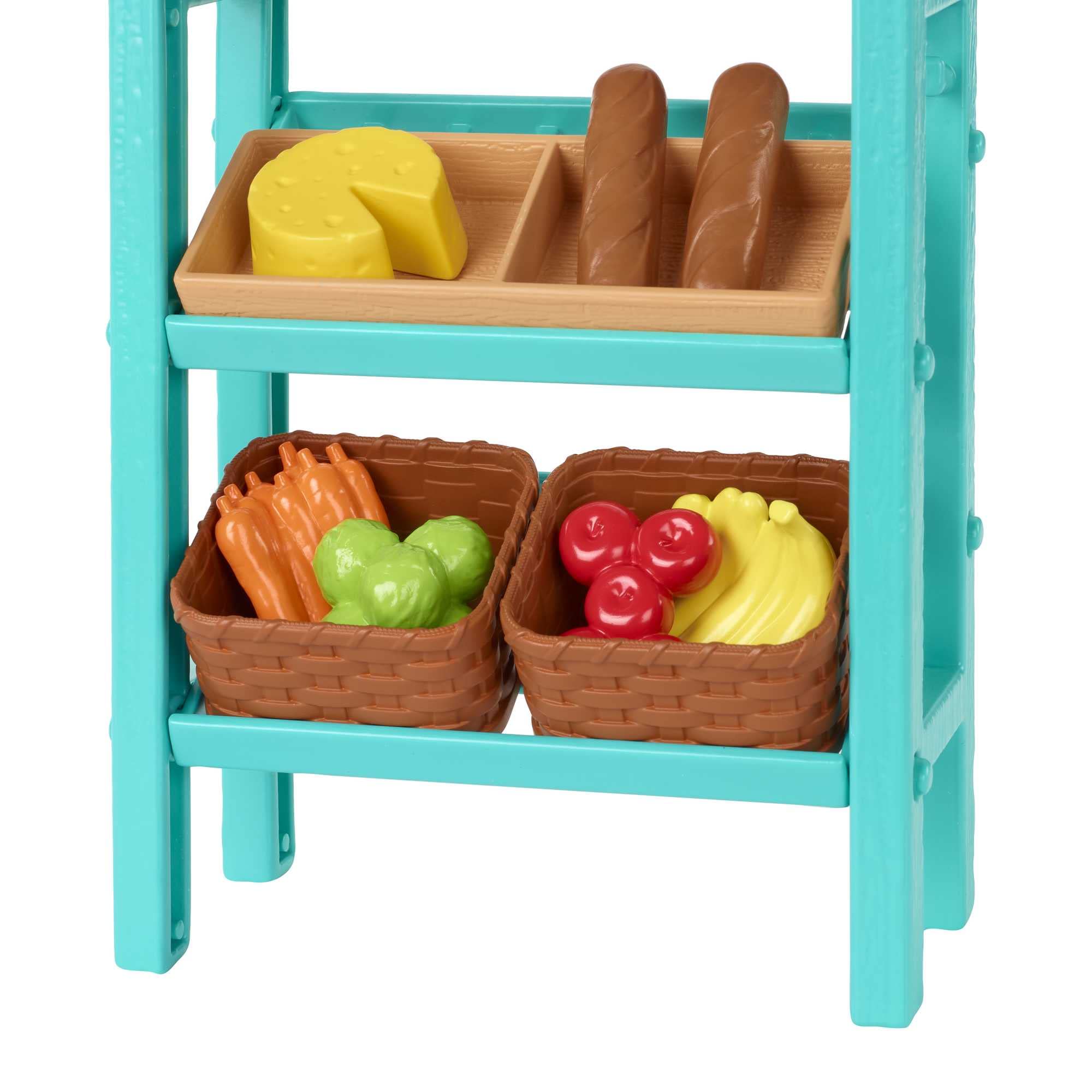 Barbie market shelving keeps fruits, vegetables, cheese, and bread organized