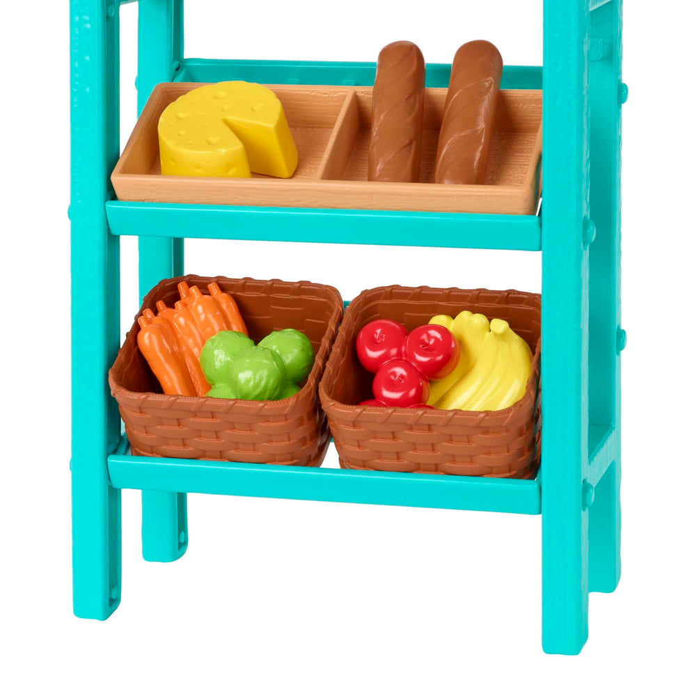 Barbie market shelving keeps fruits, vegetables, cheese, and bread organized