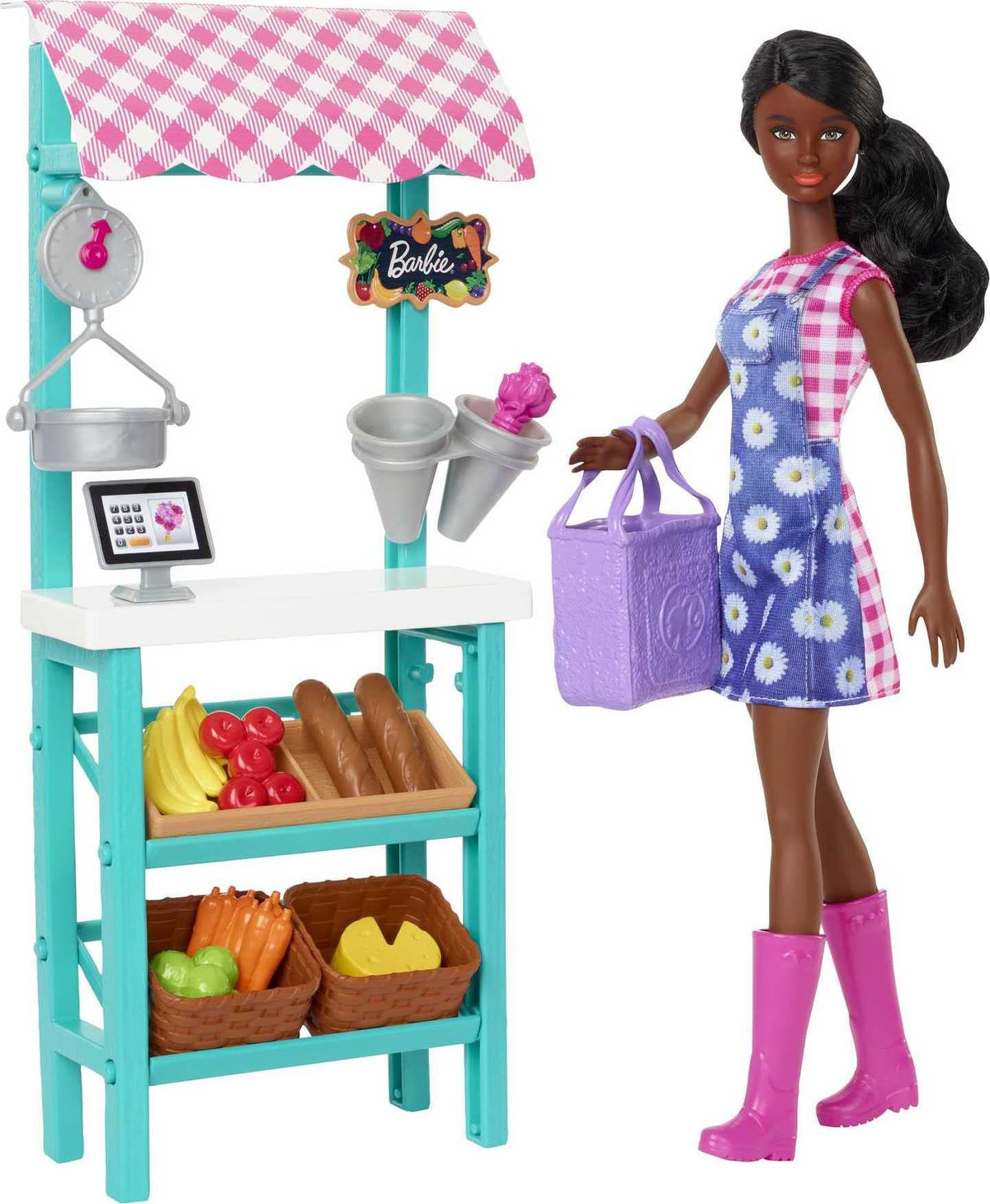 Barbie Farmers Market Stand — a colorful pretend shop for imaginative play and social skills.