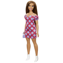 Barbie Fashionistas #171 curvy vitiligo doll with long brunette hair in off-shoulder dress for imaginative play.
