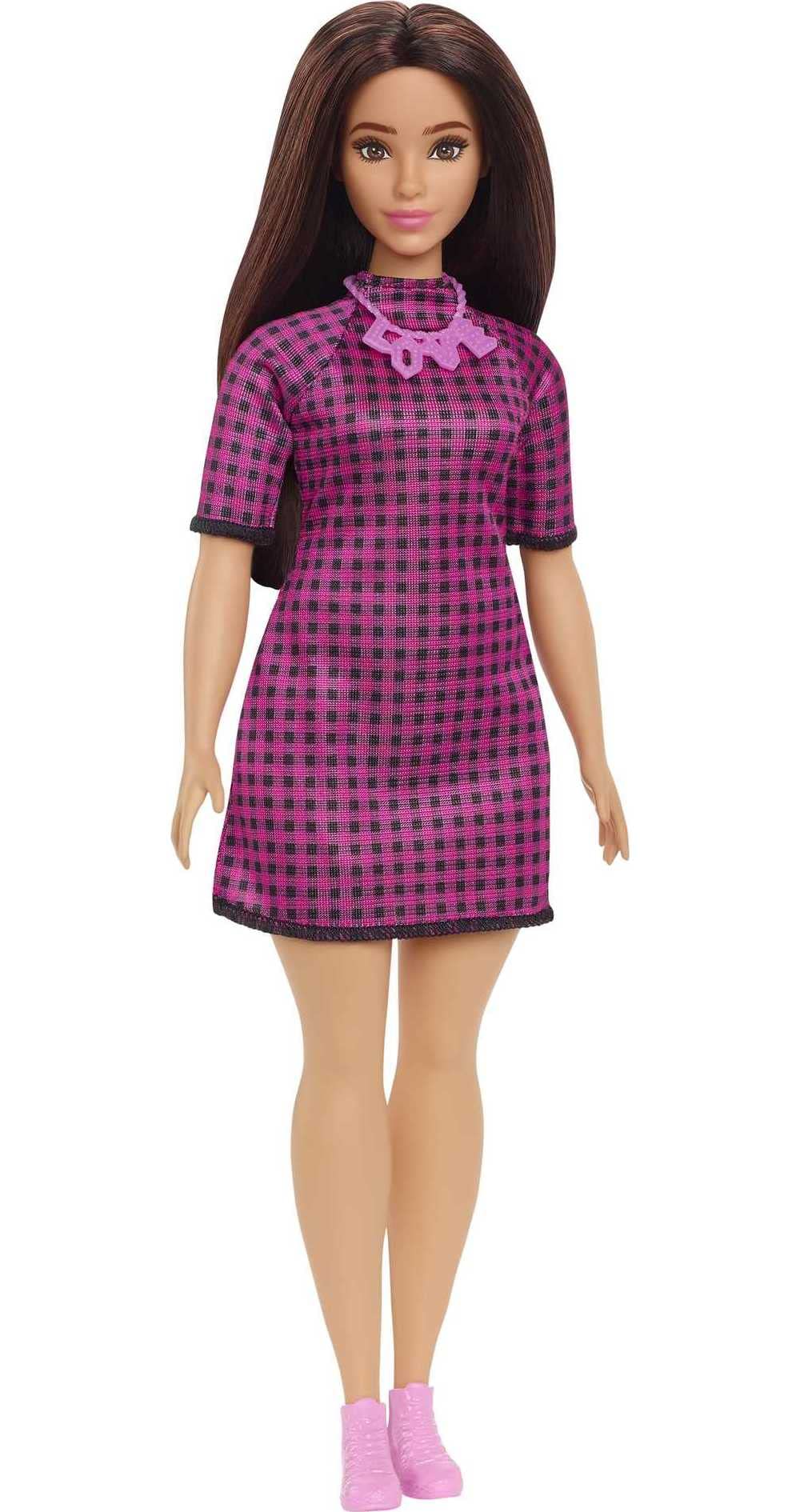 Barbie Fashionistas #188 curvy doll with black hair wearing a checkered dress, ideal for imaginative play.