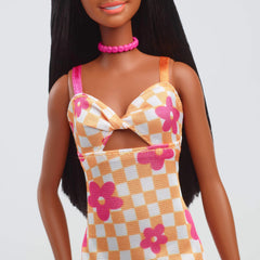 Barbie Fashionistas #233 checkered orange white midi dress with pink flower print