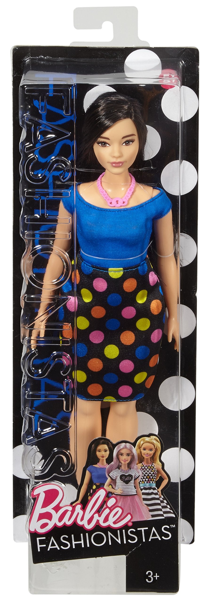 Barbie Fashionistas doll long dark hair completes a chic, modern look.