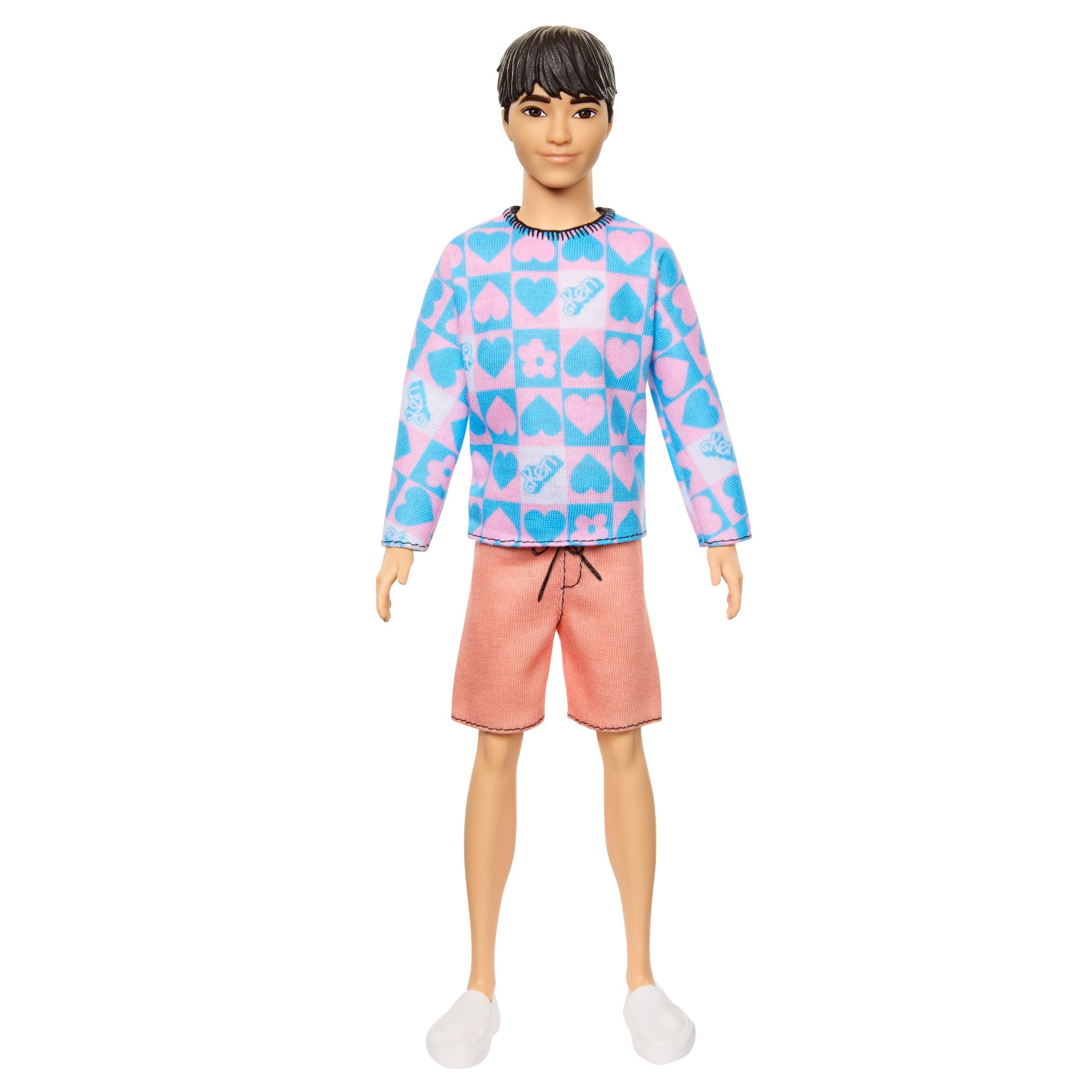 Barbie Fashionistas Ken doll front view with patterned shirt inspires imaginative fashion storytelling.