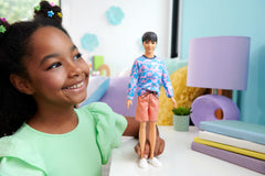 Barbie Fashionistas Ken doll pattern shirt close-up highlights hearts and flowers for creative styling.