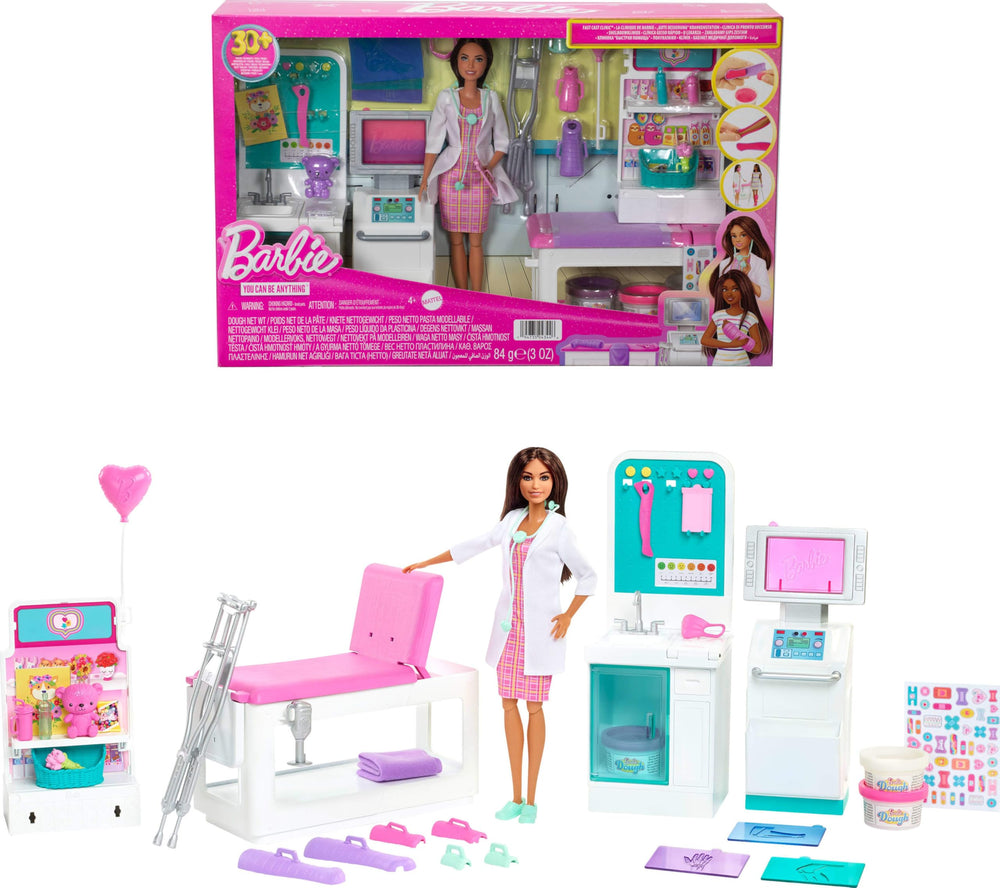 Barbie Fast Cast Clinic doll at exam table for pretend medical care.