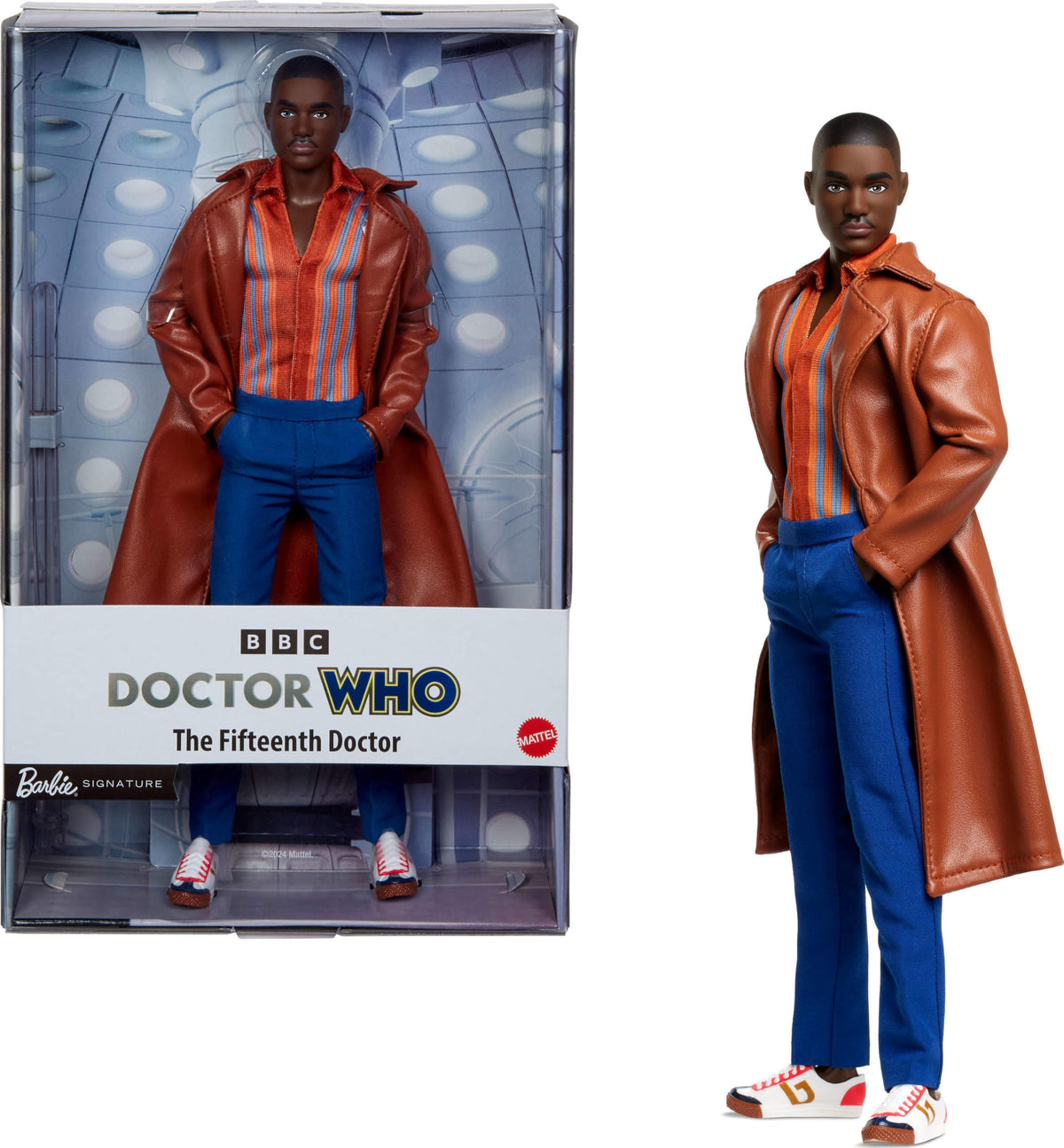 Barbie Fifteenth Doctor doll face sculpt for lifelike display and collectability.