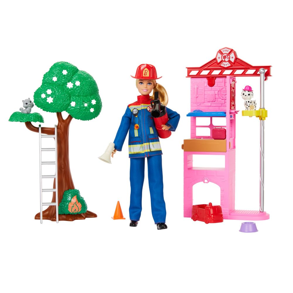 Barbie Firefighter doll at the fire station inspires imaginative, story-driven play.