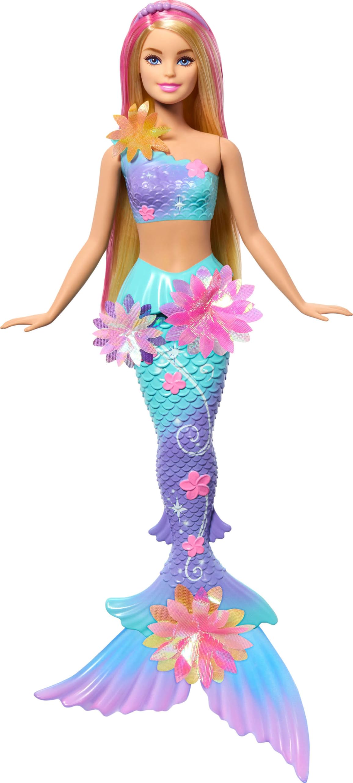 Barbie Flower Magic Mermaid doll blooms flowers from the bodice for magical play.