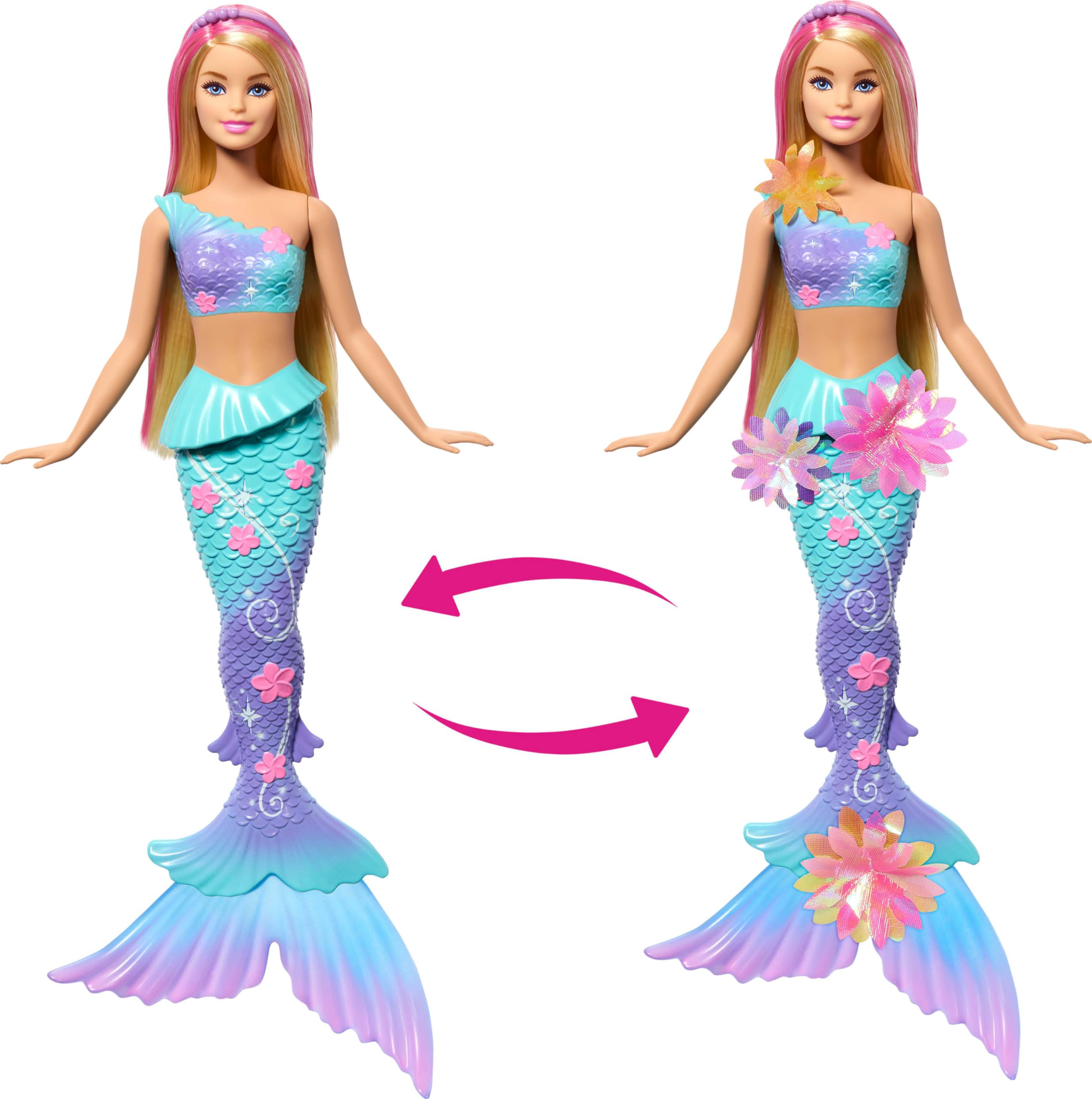 Barbie Flower Magic Mermaid doll has long blonde hair with pink highlights for styling.