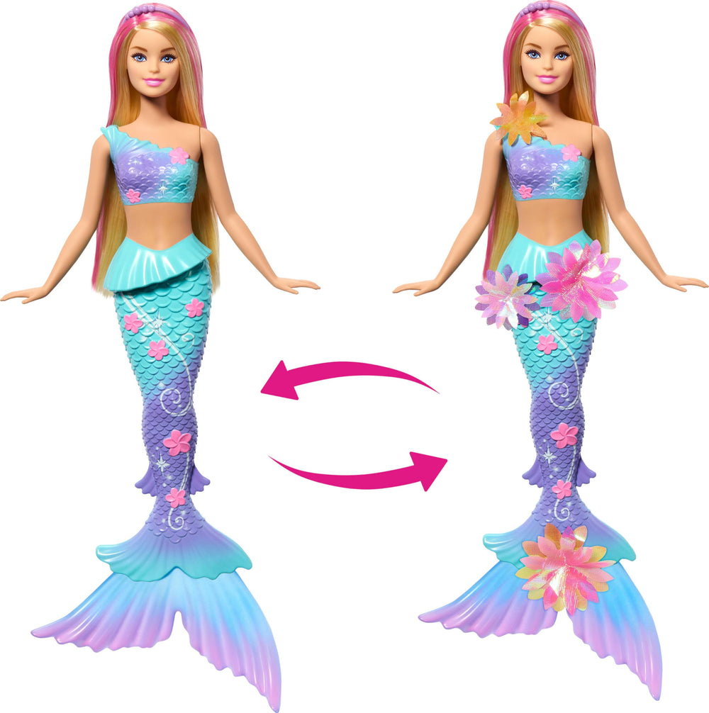 Barbie Flower Magic Mermaid doll has long blonde hair with pink highlights for styling.