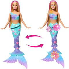 Barbie Flower Magic Mermaid doll has long blonde hair with pink highlights for styling.