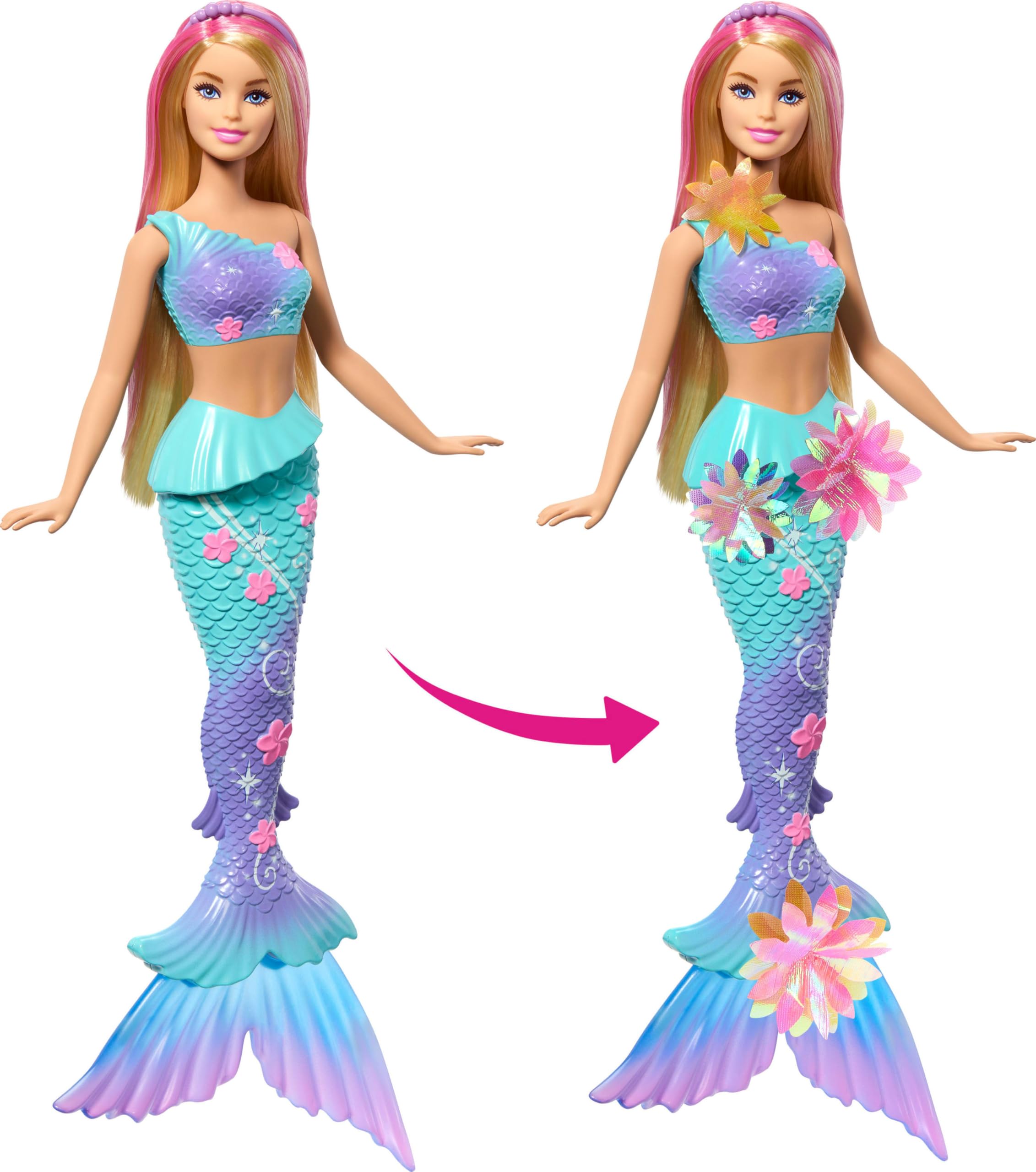 Barbie Flower Magic Mermaid doll features an ombre tail for dazzling display.