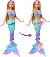 Barbie Flower Magic Mermaid doll features an ombre tail for dazzling display.