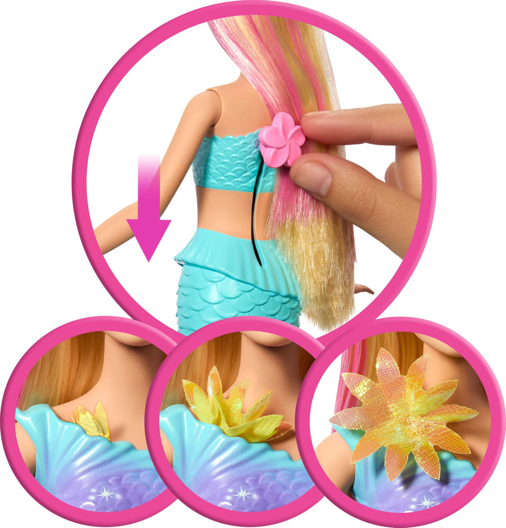 Barbie Flower Magic Mermaid doll wears a pearl headband for a seaside look.