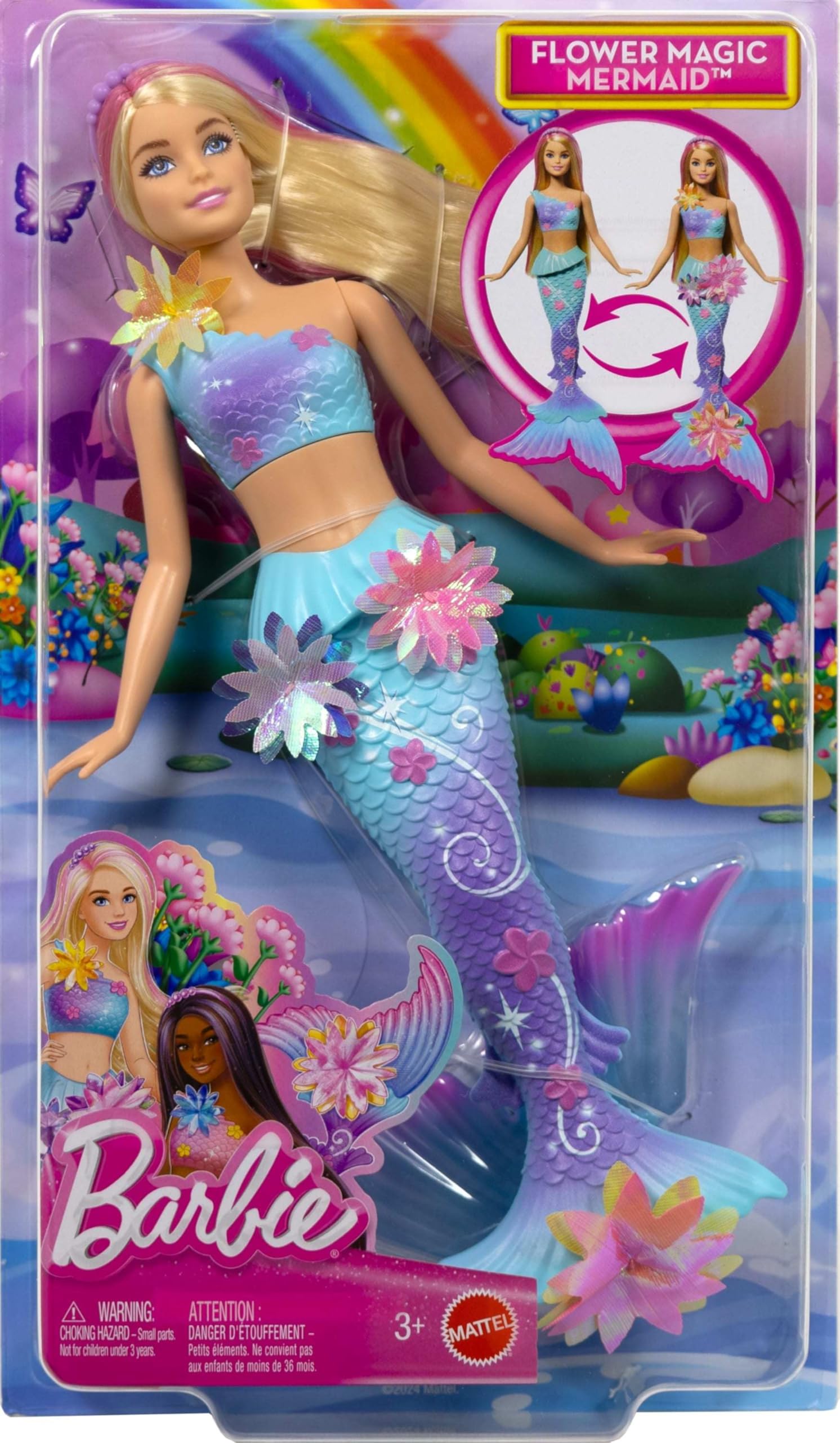 Barbie Flower Magic Mermaid doll supports water or land play for versatile fun.