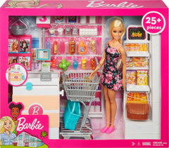 Barbie grocery store playset promotes organized, cooperative play.